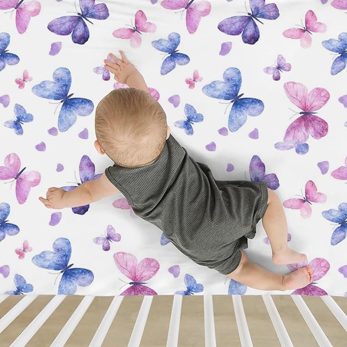 Purple and Pink Butterflies Baby Crib Sheets for Boy Girl 52x28 Watercolor Butterflies Soft Stretchy Fitted Crib Mattress Cover Colorful Butterflies Baby Sheet for Standard Crib and Toddler Mattress