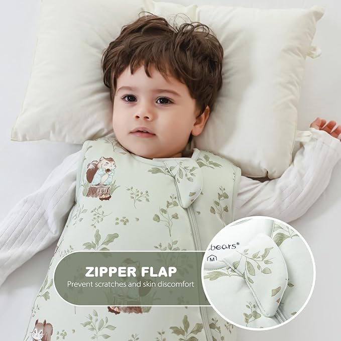 Mosebears Unisex Rayon Made from Bamboo Sleep Sack with 2-Way Zipper,2.5 Tog Baby Winter Sleep Sack(Green Animal,0-6 Months)