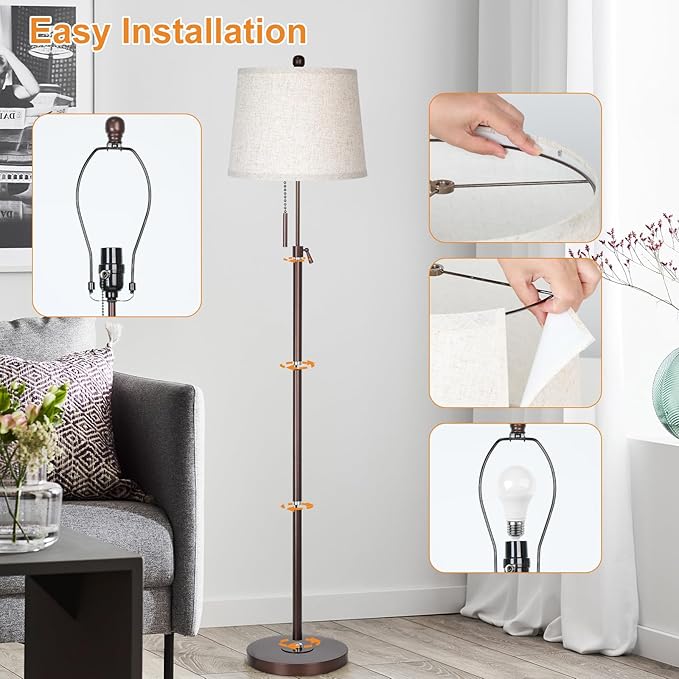 JUNNAI Modern Floor Lamp Adjustable Height Standing Lamp Tall Lamp with 3 Color Temperatures Floor Lamps for Living Room Bedroom Office Beige Shade Bulb Included-Brown