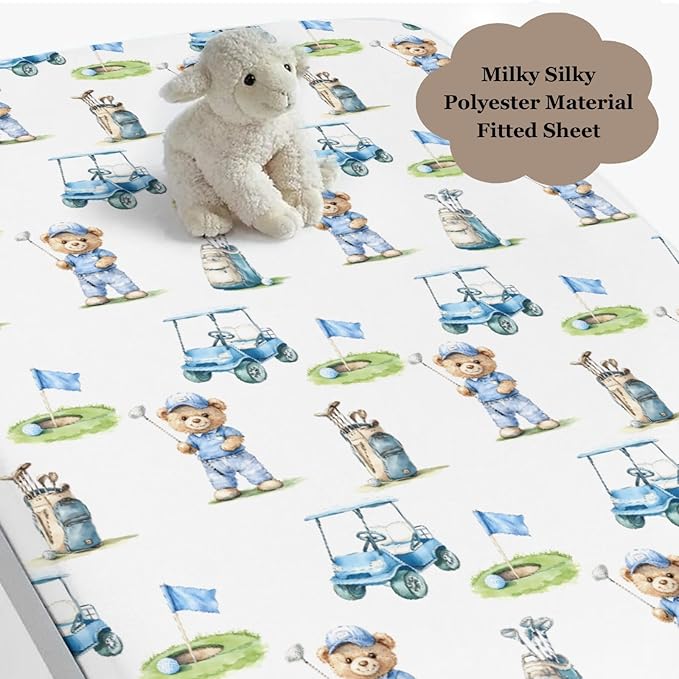 Cute Bear Golf Cart Blue Baby Crib Sheet for Boys Girls 52x28x9 in Bears Sport Golfing Flag Club Fitted Crib Mattress Cover for Standard Crib and Toddler Outdoor Sports Bed Sheet Animal One Size