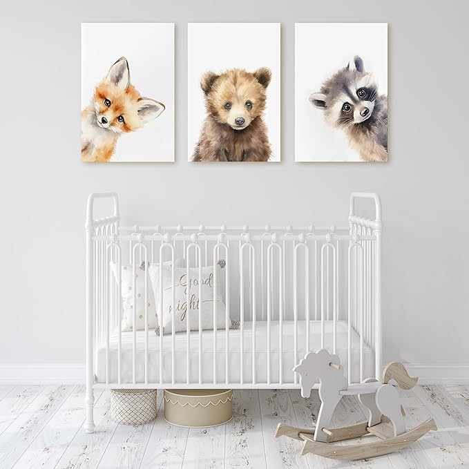 Adorable Bear Fox Raccoon Nursery Wall Decor, 3 Piece Baby Animals Art Poster for Baby Boy Girl Room Decor, Woodland Nursery Wall Art, Funny Kid Prints, Framed Canvas Set, 12"x16"x3