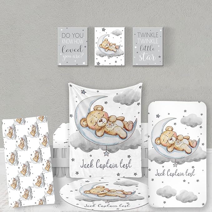 Custom Baby Bedding Set, Personalized Grey Moon Bear Bedding, Baby Blanket Fitted Sheet Changing Cover Nursery Rug Room Decor Gift Idea