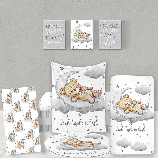 Custom Baby Bedding Set, Personalized Grey Moon Bear Bedding, Baby Blanket Fitted Sheet Changing Cover Nursery Rug Room Decor Gift Idea
