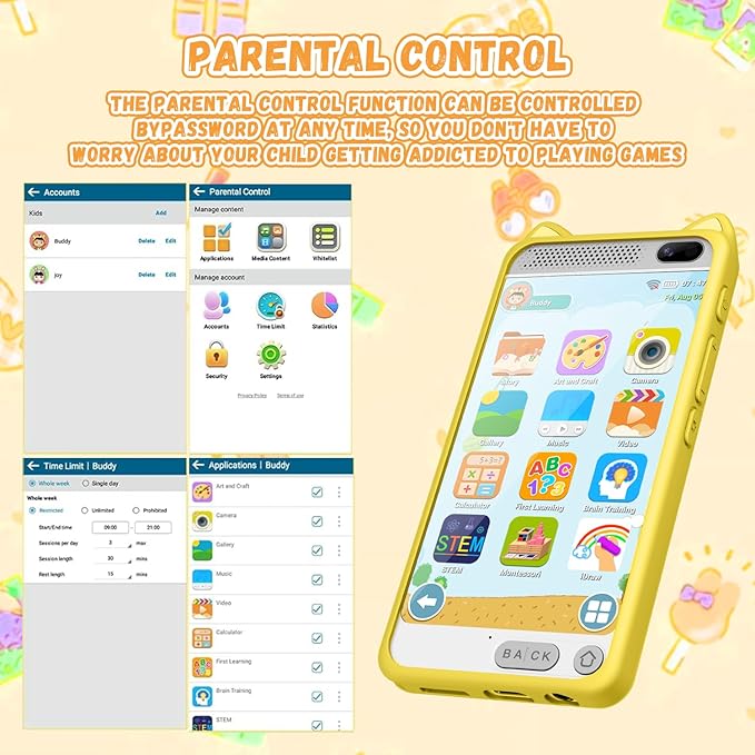 Kids Phone, 3.97" Touchscreen Toddler Smartphone Learning Toys, Fake Play Toy Phone with Music Player Educational Games，Christmas Birthday Gifts for Girls Age 3-12, 8G SD Card（Yelllow）