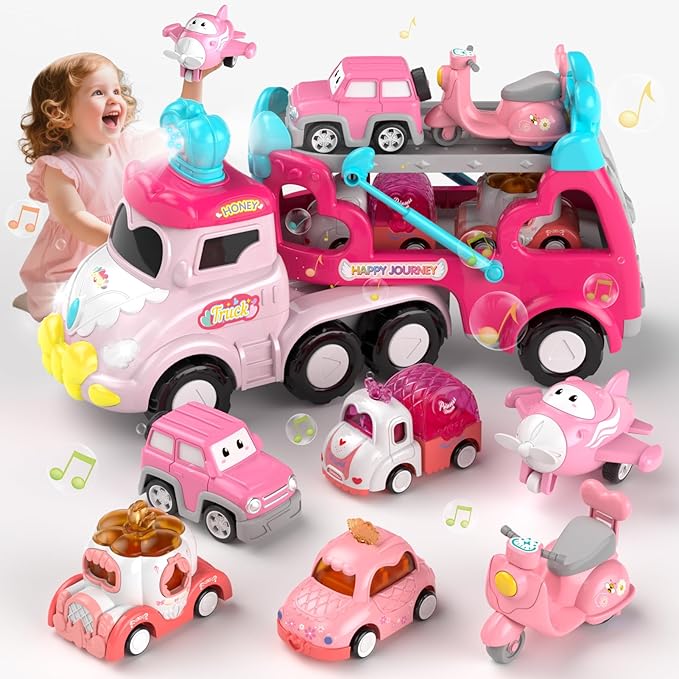 Truck Toys for 2 3 Year Old Girl, 7-in-1 Carrier Truck Car for Toddler Girl, Toys Cars Age 2-3-4 with Light & Music, Birthday Gifts for 2+ 3+ Year Old Girls