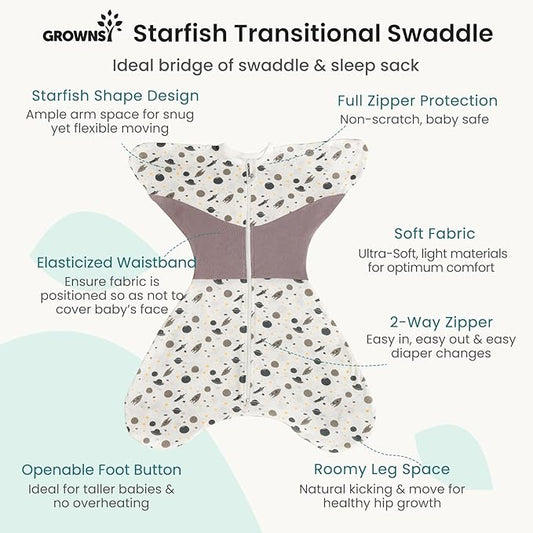 GROWNSY Transitional Swaddle Sleep Sack 3-6 Months, Starfish Design Baby Swaddle Sack, Dual-Zipper for Easy Diaper Changes, Proper Hip Development & Openable Foot Button, 12-20lbs, Space Tourism