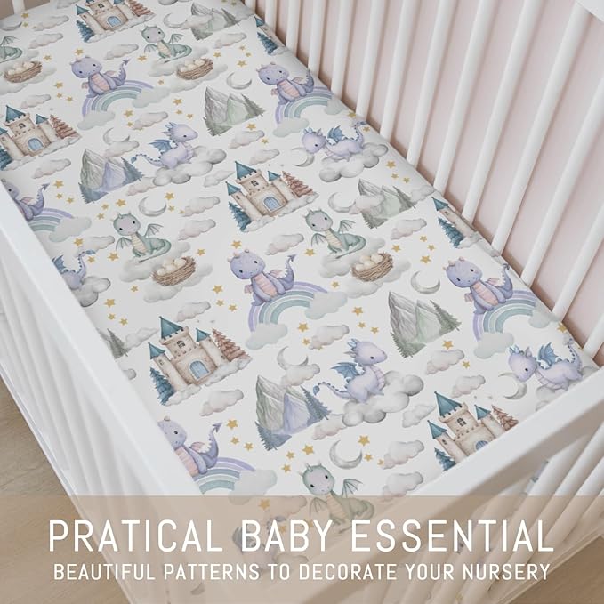 Purple Baby Dragons Crib Sheets for Boy Girl Fairytale Dragon Castle Trees Moon Rainbow Soft Stretchy Fitted Crib Mattress Cover for 52''x28'' Standard Crib & Toddler Mattress Fantasy Animal Bed Sheet