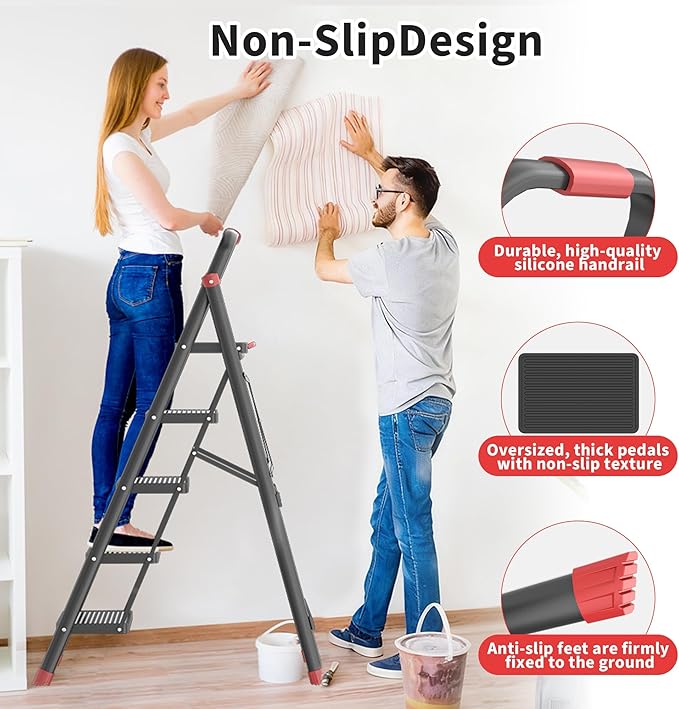 DIAMONDFORGE 5-Step Foldable Step Ladder Stool with Handle, Anti-Slip Wide Pedals & Feet, 800lbs Capacity, Sturdy Stepstool Folding for Adults in Home & Kitchen Use - Black
