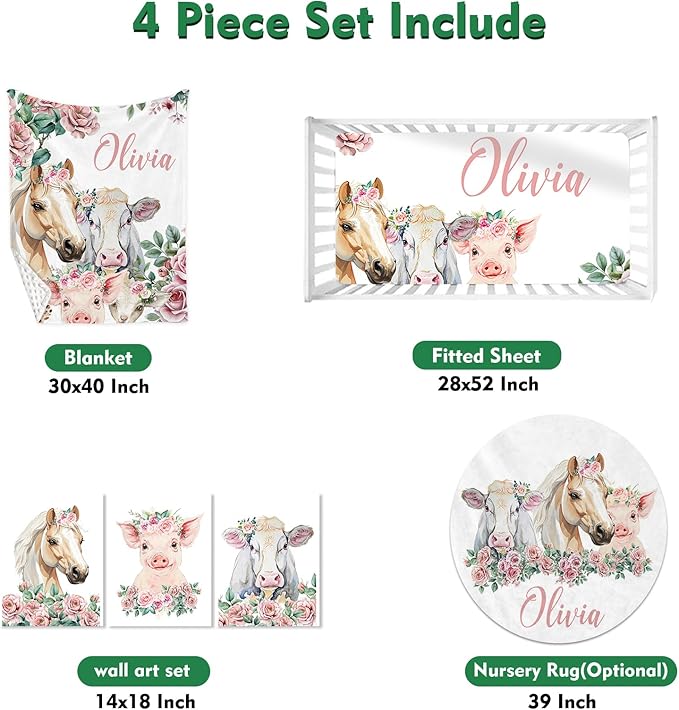 Personalized Baby Crib Bedding Set: 4 Piece Custom Flower Horse Crib Bed Set with Name, Nursery Bedding Set for Baby Girls, Newborn Boys Crib Sets, Crib Bedding Custom Gift, Crib Sheet