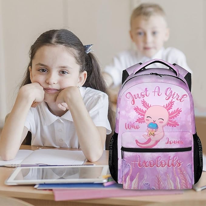 COZYAURA Kids School Backpack - 17 Inch Cute Axolotl Bookbag for Girls - Durable Pink School Bag for Elementary & Travel