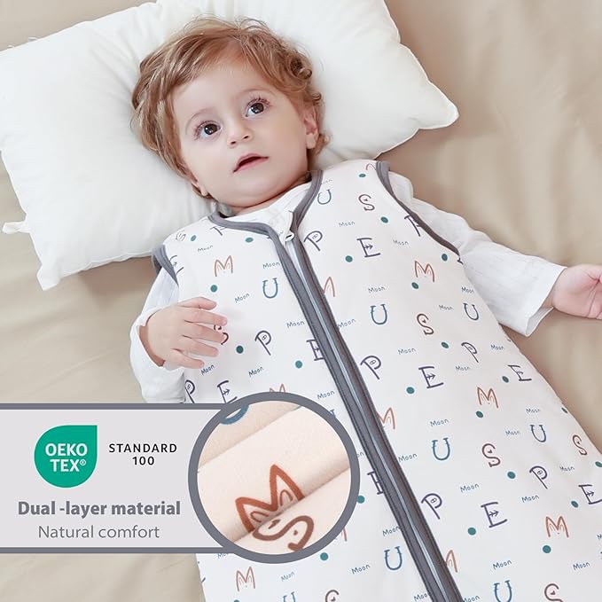Mosebears Sleep Sack Baby Winter Wearable Blanket with 2-Way Zipper,2.5 TOG Cotton Sleep Sack Unisex (Alphabet, 12-18 Months)