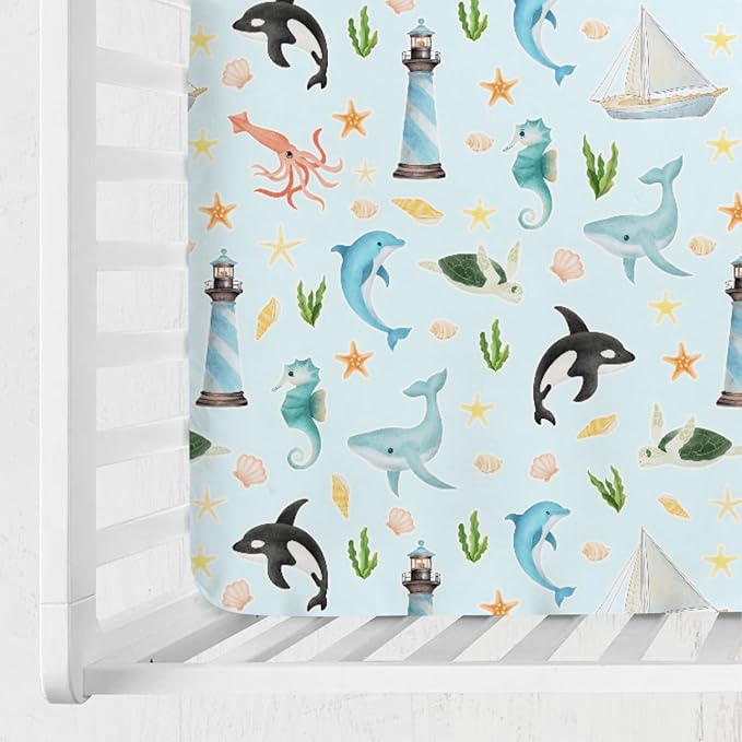 Colorful Sea Animals Baby Crib Sheet 52''x28'' Ocean Whale Dolphin Turtle Shells Coral Lighthouse Ship Stretchy Fitted Crib Mattress Cover for Boy Girl Baby Sheets for Standard Crib Toddler Mattress