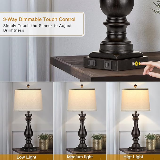Cinkeda 29" Tall Table Lamp for Living Room Set of 2,Farmhouse Vintage Bedside Nightstand Lamps with USB C+A Ports & AC Outlet,3-Way Dimmable Touch Control Retro Black Lamp for Bedroom,Color 5
