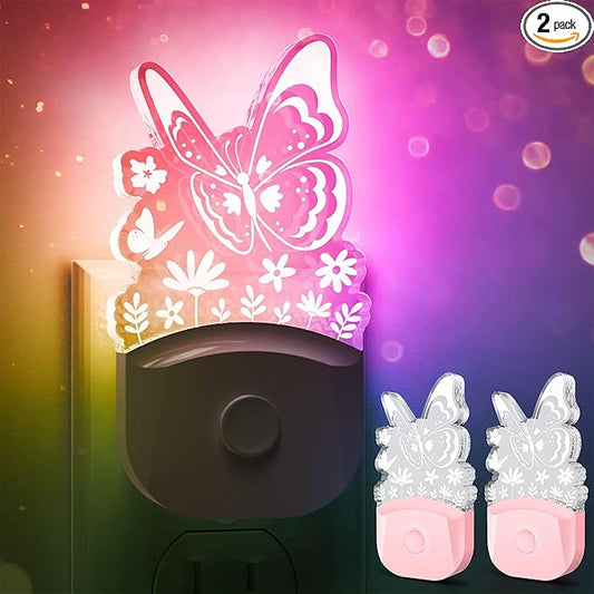 L LOHAS LED Kids Night Light, Butterfly Night Light for Kids, Dusk to Dawn Night Lights, RGB+Soft White 3000K, Nightlight for Girls Room Decor, Nursery, Baby Room[2 Pack]