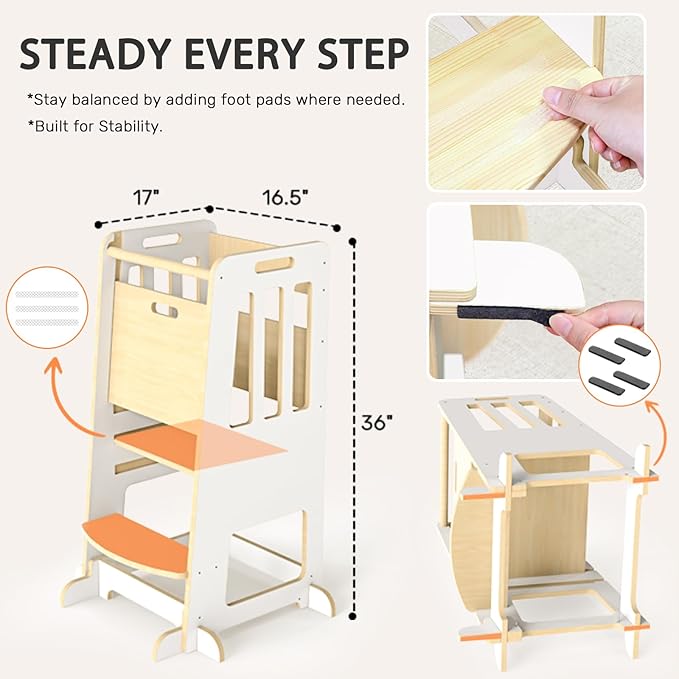 WINGYZ Toddler Tower – Adjustable Step Stool Helper for Kids 18M–6Y, Kitchen Learning Stool with Safety Rail, 3-Height Adjustable, Sliding Door, Full Support Foot, Wooden Updated Design, White