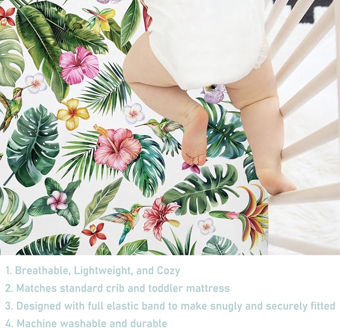 Green Tropical Leaves Floral Hummingbirds Baby Crib Sheets 52''x28'' Rainforest Monstera Leaves Snug Fitted Crib Mattress Covers for Boy Girl Soft Nursery Bed Sheet for Standard Crib Toddler Mattress