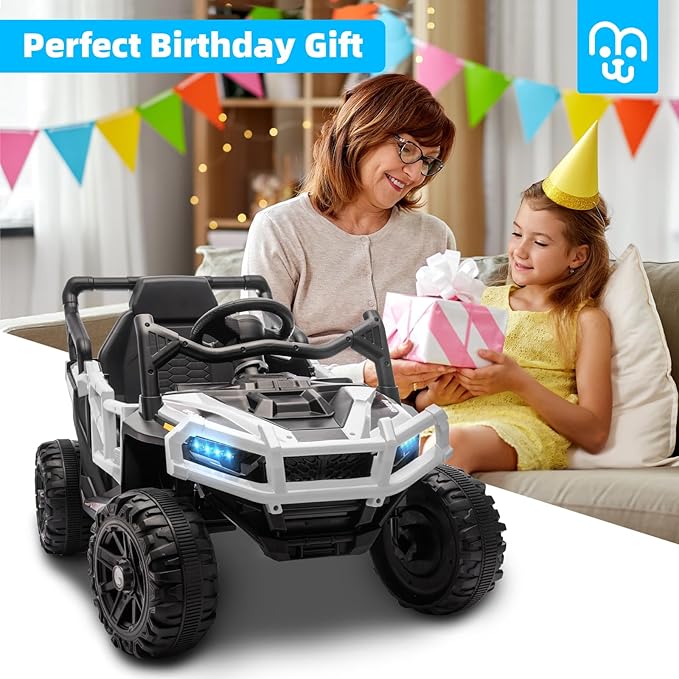 12V Kids Ride on Truck Car with Remote Control, Electric Off-Road UTV for Toddlers, Bluetooth Music, Suspension System Safety Belt, Electric Vehicles Gift for Boys & Girls-White