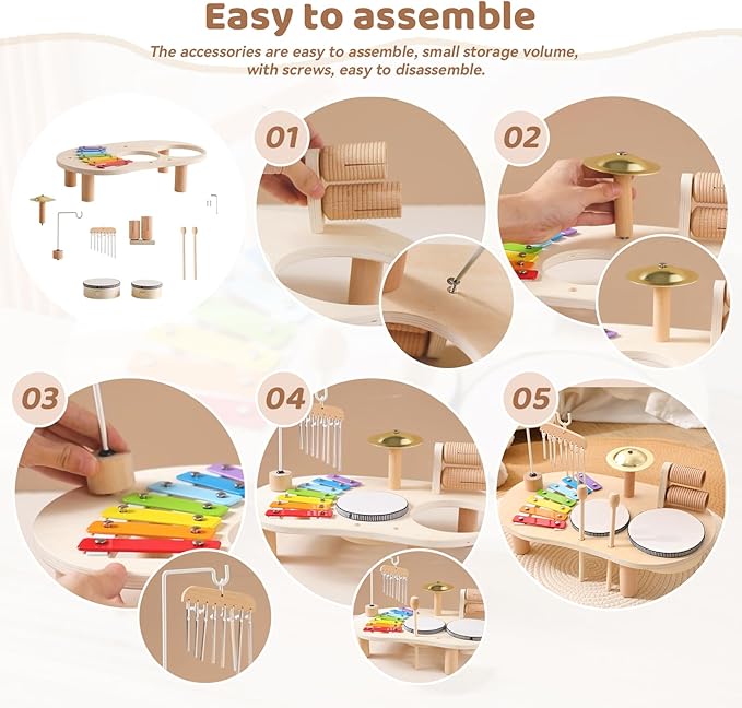 Promise Babe Wooden Drum Set for Toddlers 1-3, Musical Percussion Instruments for Kids Baby Drum Set Xylophone, Montessori Educational Musical Toys for Girls Boys Ages 3+
