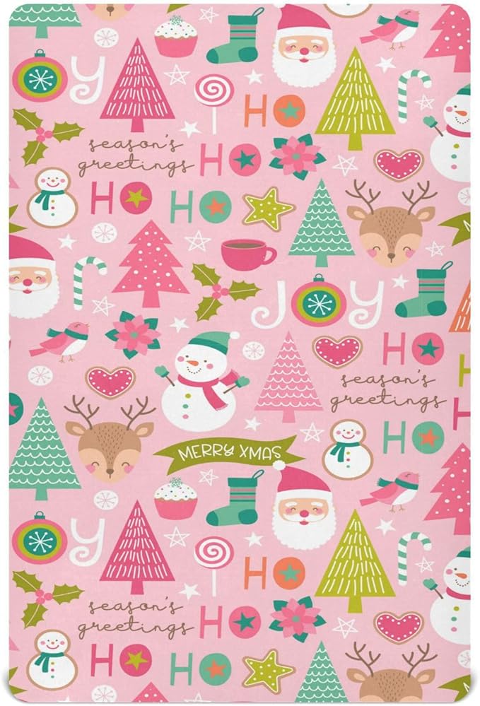 Pink Christmas Pattern Crib Sheets Soft Breathable Fitted Baby Crib Sheets Mattress Cover for Girl Boys, 52" x 28" x 9"