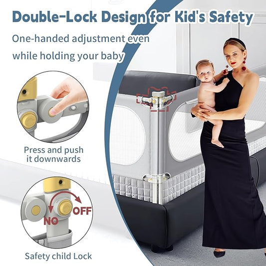 Bed Rail for Toddlers, Baby Bed Rail Guard with Double Child Safety Lock, 30 Speed Height Adjustable -King & Queen Size Bed