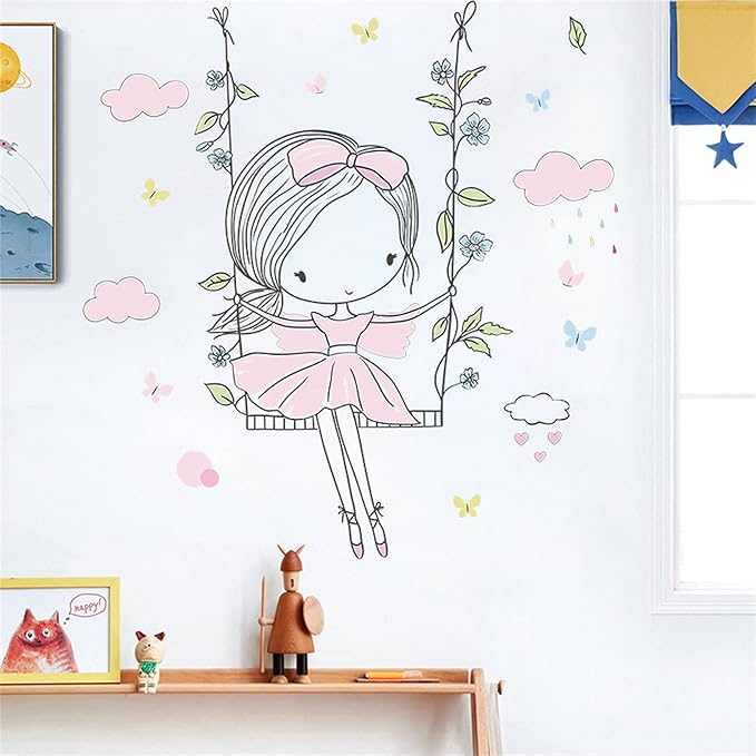 ROFARSO Colorful Cute Lovely Little Girl On The Swing Wall Stickers for Kids Peel and Stick Removable Wall Decals DIY Decorations Decor for Nursery Baby Girls Bedroom Playroom Living Room Murals