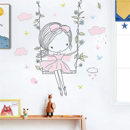 ROFARSO Colorful Cute Lovely Little Girl On The Swing Wall Stickers for Kids Peel and Stick Removable Wall Decals DIY Decorations Decor for Nursery Baby Girls Bedroom Playroom Living Room Murals
