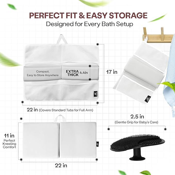 Baby Bath Kneeler & Elbow Rest Pad Set | Extra Thick 1.5” Foam That Relieves Knee & Elbow Pressure | Non-Slip Suction Stability | Machine Washable, Quick-Dry | Brush & Washcloth Gift Included