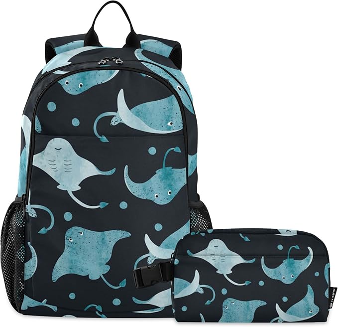 Jucciaco Watercolor Stingray Fish Backpack with Lunch Bag, School Backpack for Teens Boys Girls Kids Travel Backpacks Set
