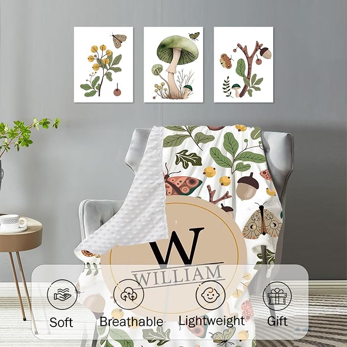 Custom Baby Crib Bedding Set,Personalized Name Mushroom Pattern Nursery Bed Set 4 Piece,Baby Blanket Fitted Sheet Nursery Rug Wall Art Set,Custom Room Decor Idea Gift for Newborns Boys Girls