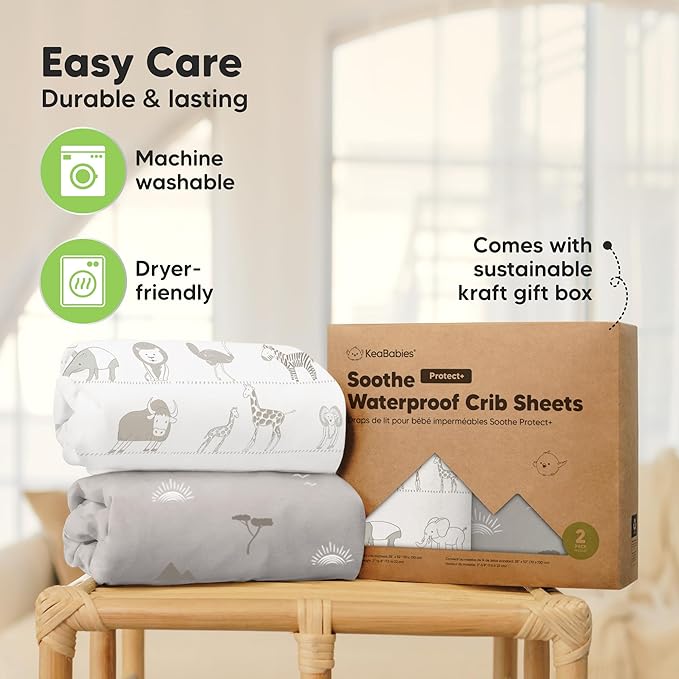 2-Pack Waterproof Crib Sheets for Girl, Boy - Organic Cotton 52X28 Fitted Crib Sheets Neutral, Crib Mattress Protector Sheets, Soft Toddler Bed Sheets,Washable Infant Fitted Baby Crib Sheets (Foxtrot)