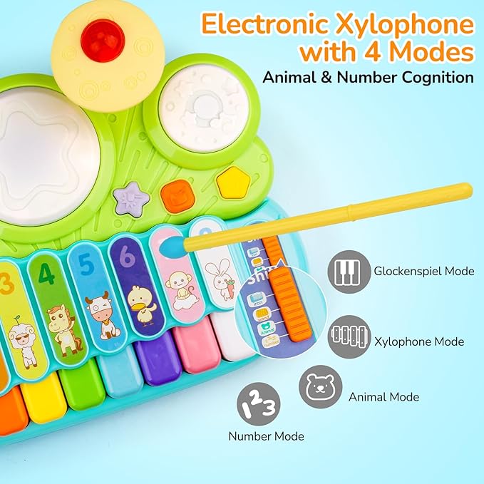 Baby Musical Toys 3 in 1 Piano Keyboard Xylophone Drum Set for 1 Year Old Girls Boys Toys Age 2 Music Instrument Learning Toys Toddlers 1-3 0-2 First Birthday Gift Infant Baby Toys 6 9 12 18 Month