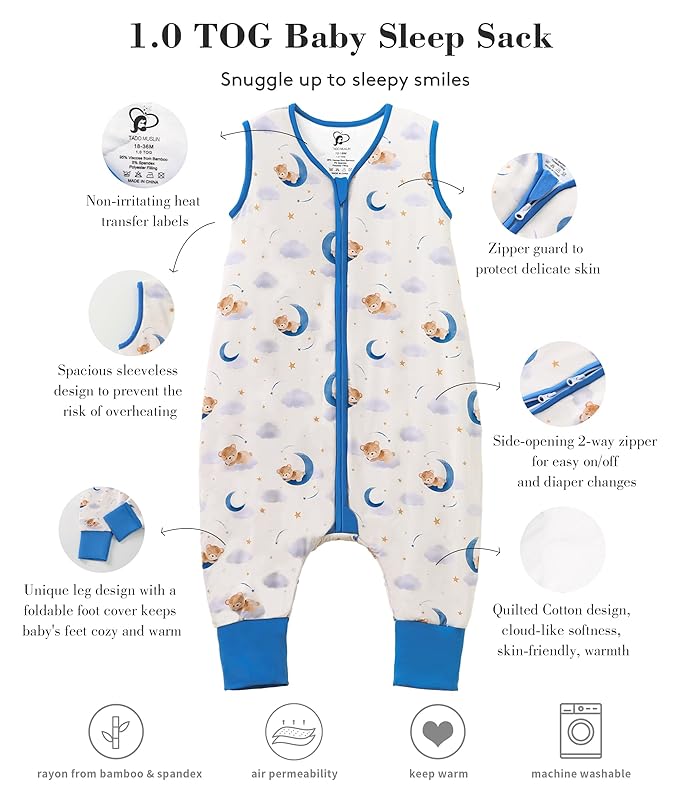 Baby/Toddler Sleep Sack with Legs, Rayon from Bamboo 95% + 5% Spandex, 1.0 TOG, 2‑Way Zipper Sleeping Bag, Walker‑Friendly12-18M Bear