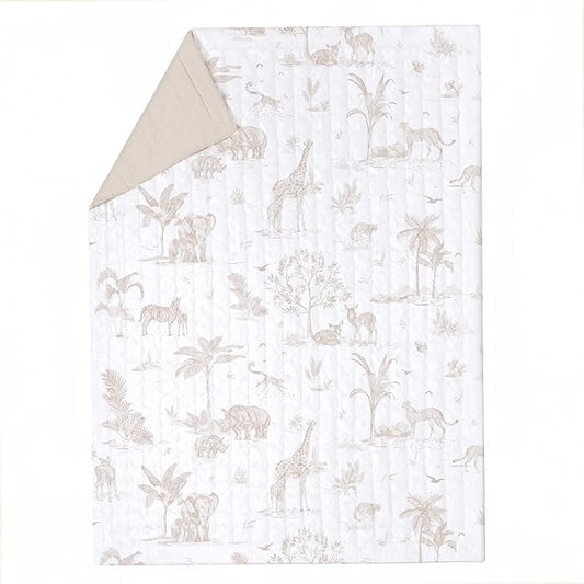MakeMake Organics Organic Twin Comforter GOTS Certified Organic Kids Blanket Cotton Infill Tufted - Reversible Ultra Soft Breathable Boys Girls (68"x88", Safari + Solid Oat)