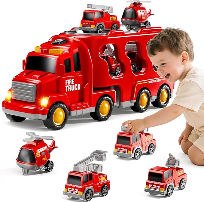 Fire Truck Toys for Toddler 1-3 3-5, 5-in-1 Fire Car Carrier Vehicle Set for Girls 1 2 3 4 5 6 Years Old, Transport Car with Light Sound, Birthdays Gifts for Kids Girls Aged 3-9