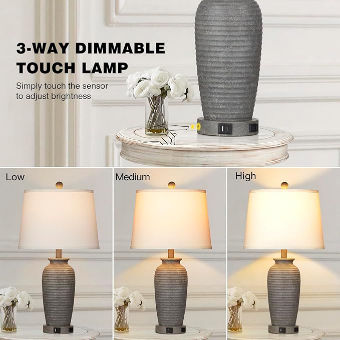 CINSARY 25" Farmhouse Jar Table Lamps Set of 2, 3 Way Touch Control Rustic Bedside Lamps with USB A+C Ports & AC Outlet, Pot Nightstand Lamps for Bedroom Living Room (LED Bulbs Included)
