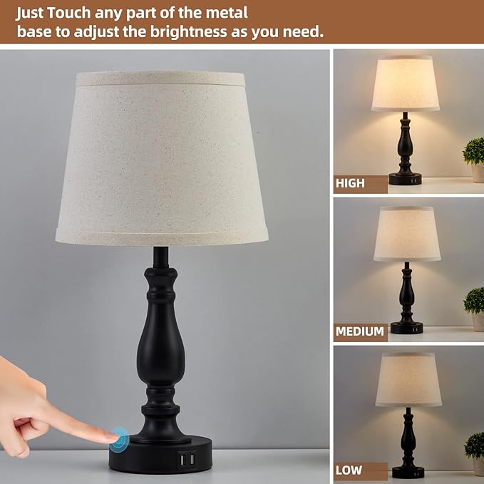 EJIAXIN Lamps for Bedroom Set of 2,Touch Bedside Table Lamp with USB C+A Ports,Dimmable Nightstand Lamps with Round Fabric Linen Lampshade for Living Room Reading Bed Side End Table,Bulbs Included