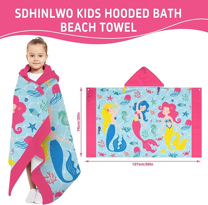 Thickened Hooded Towels for Kids Suitable Girls Boys Kids Bath Towels, 30"x50" Super Absorbent, Mermaid Cute Cartoon Toddler Towels Multi-Purpose for Beach, Pool and Bathroom