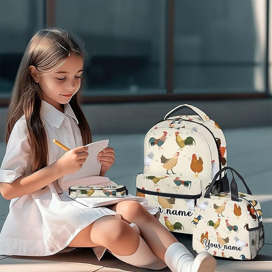 COOPASIA Personalized Chicken Backpack with Lunch Box and Pencil Case, 16 Inch Chicken Theme Bookbag with Adjustable Straps, Durable, Lightweight, Large Capacity, School Backpack for Girls Women