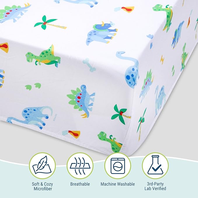 Wildkin Kids 100% Microfiber Crib Sheet – Soft, Breathable Fitted Sheet - Dinosaur Land