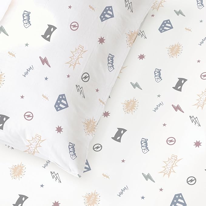 MakeMake Organics Organic Full Fitted Sheet Set GOTS Certified Organic Cotton Fitted Sheet with 2 Pillowcase Ultra Soft Non Toxic Breathable Hypoallergenic Colorful Superheros(Full, Mighty Heros)