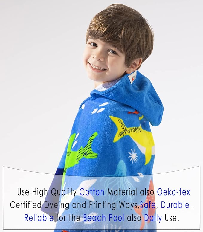 VOOVA & MOVAS Hooded Towel for Toddlers 3-8 Years,30''X50'',Soft | Thick | Cotton | Absorbent | Large Beach | Pool | Bath | Swim Towels | Cover up for Boys, Shark Fish