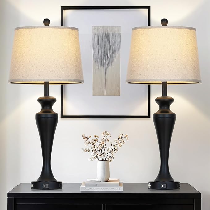 luxeflow 30" Black Table Lamps Set of 2, Touch Control Tall Living Room Lamp with USB A+C Ports and AC Outlet, 3-Way Dimmable Bedside Lamps for Nightstand, Modern Metal Bedroom Lamp, 2 Bulbs Included