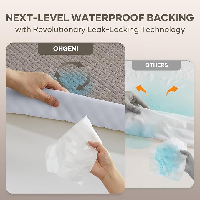 OhGeni 100% Waterproof Mattress Protector,Queen Size Mattress Soft Pad,Hair & Bedwetting Resistant,Cooling Breathable Fitted Sheets,Washable Bed Cover,Non-Slip Deep Pocket,Noiseless for Bedroom,Brown