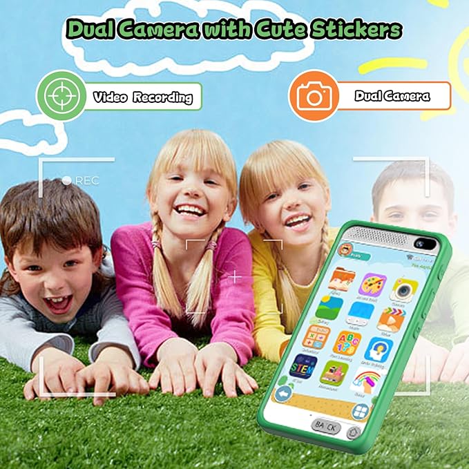 Kids Phone for Boys, Dinosaurs Gift Toys with 3.97" Touchscreen Phone, Learning Music Puzzle-Games Toddler Phone for Ages 3-12, Kids Toys Play Cell Phones with Dual Camera, 8G SD Card (Green)
