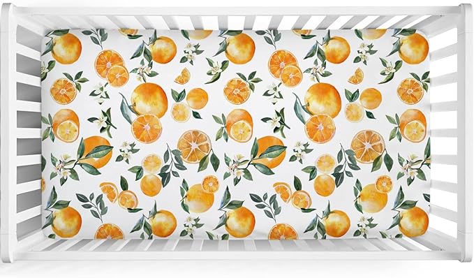 Watercolor Oranges Baby Crib Sheet 52''x28'' Retro Orange Floral Leaves Stretchy Fitted Crib Mattress Cover for Boy Girl Boho Summer Fruits Soft Bed Sheets for Standard Crib Toddler Mattress