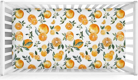 Watercolor Oranges Baby Crib Sheet 52''x28'' Retro Orange Floral Leaves Stretchy Fitted Crib Mattress Cover for Boy Girl Boho Summer Fruits Soft Bed Sheets for Standard Crib Toddler Mattress