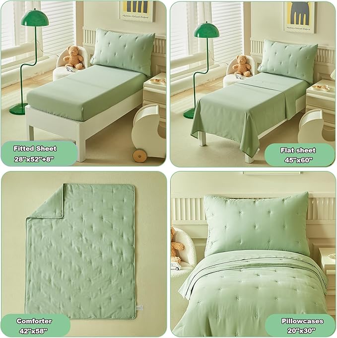DuShow Green 4 Piece Toddler Bedding Set for Boys Girls,Embroidery Microfiber Crib Bed Sheets Set Soft Boho Comforter Set Bed in a Bag,Include Quilted Comforter,Flat Sheet,Fitted Sheet,Pillowcase