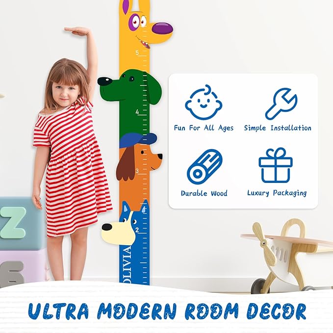 Personalized Name Wooden Growth Chart for Kids – Big Ear Dog Wall Growth Chart, Custom Height Ruler for Nursery, Bedroom, Playroom Decor, Birthday Gift for Boys and Girls