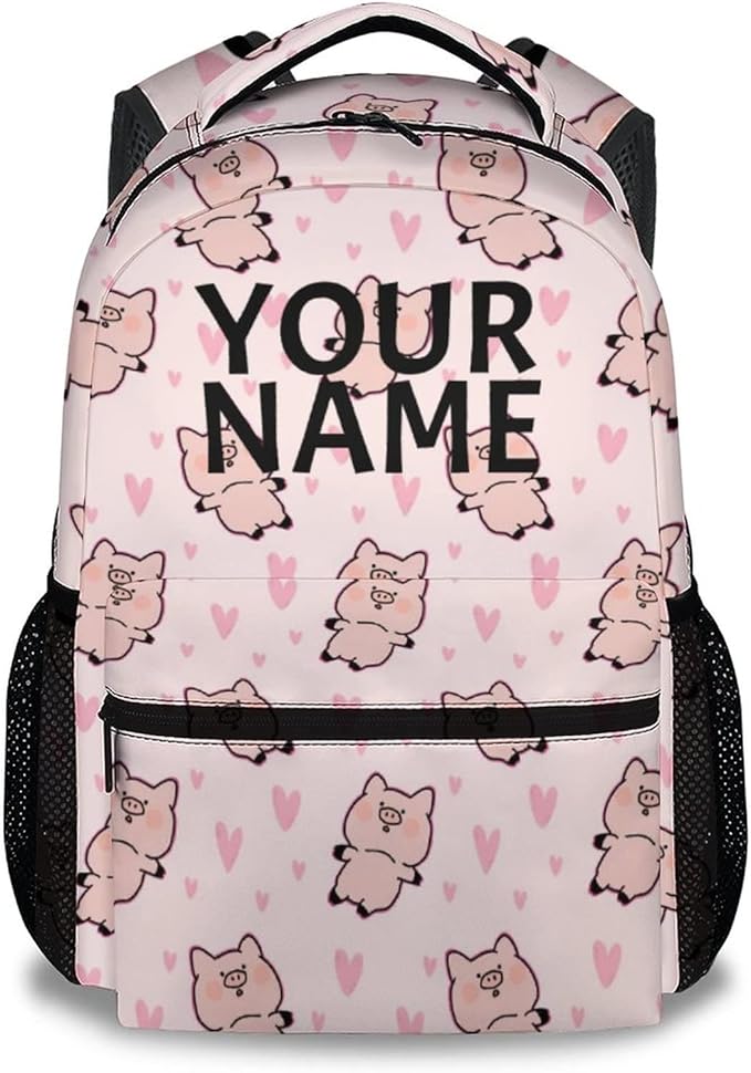 AIOMXZZ Personalized Pig Backpack Gifts with Text Name, 16 Inch Cute Pig Bookbag Durable, Lightweight, Large Capacity, Funny Animal Backpack for School Girls Kids Women