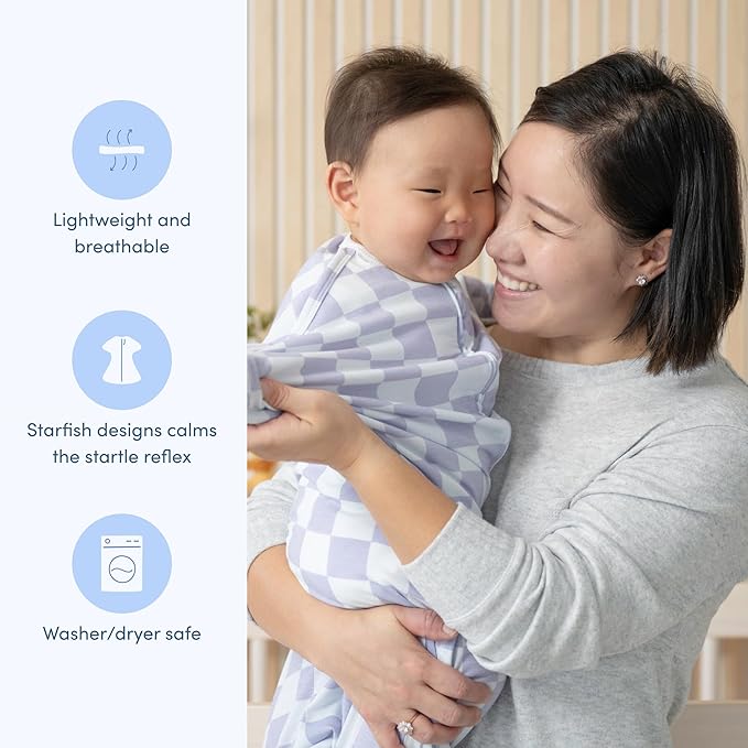 SleepingBaby Zipadee-Zip Transition Swaddle - Cozy Baby Swaddle Blanket with Zipper Convenience - Roomy Wearable Blanket for Easy Diaper Changes - Lavender Check, Large (12-24 Month)
